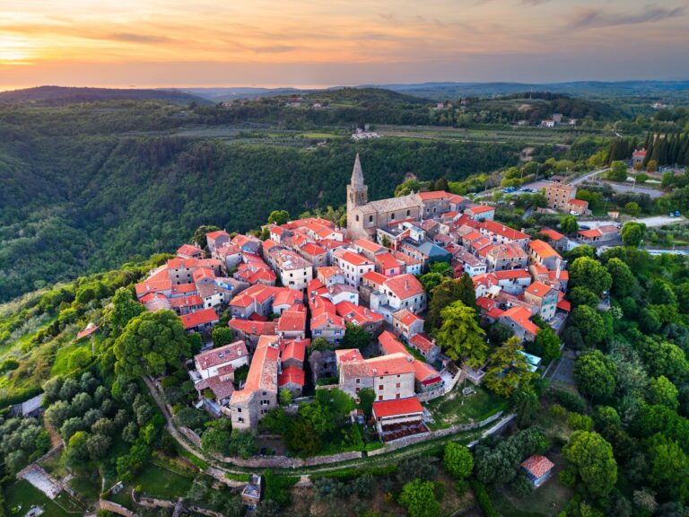 Grožnjan medieval hilltop town above the Mirna Valley, Istria, Croatia