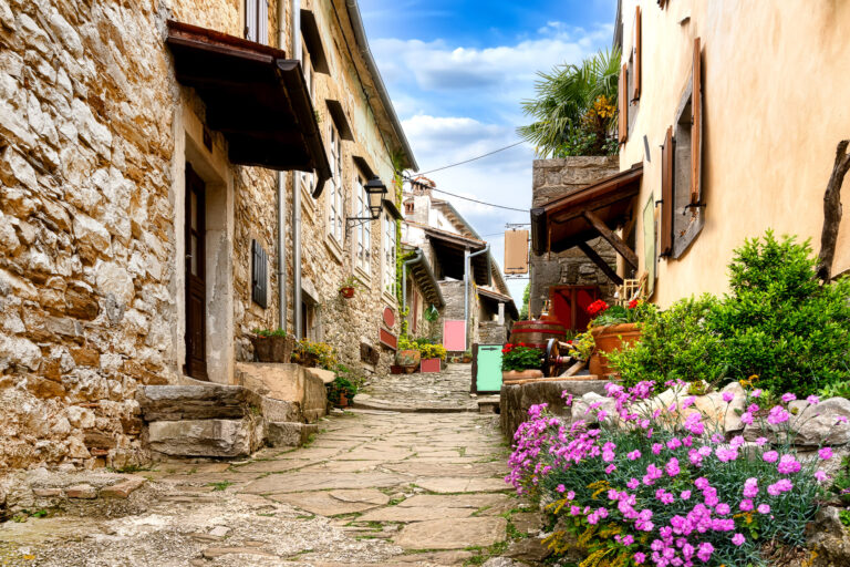 A cobbled lane winds between stone houses and flower-filled planters in Hum, Istria.