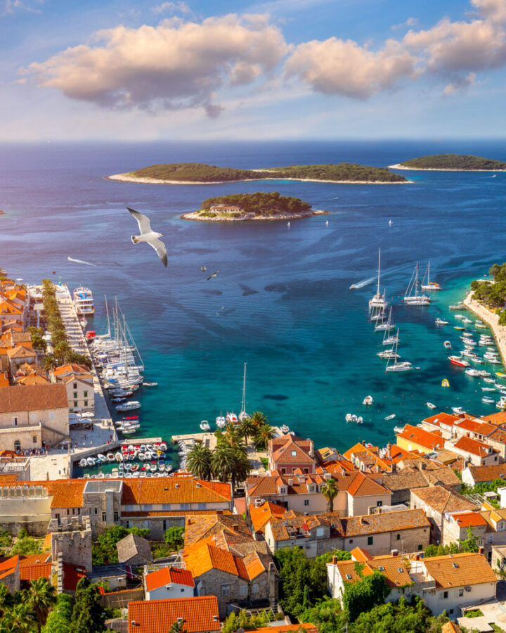 Aerial view of Hvar town, its harbour and fortress, island of Hvar, Dalmatia, Croatia