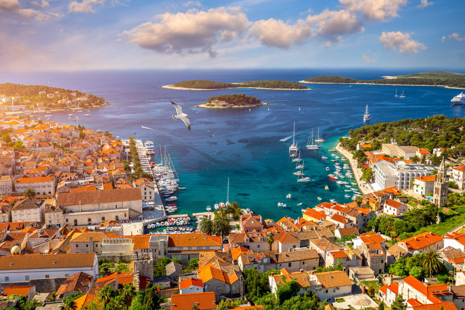 Aerial view of Hvar town, its harbour and fortress, island of Hvar, Dalmatia, Croatia
