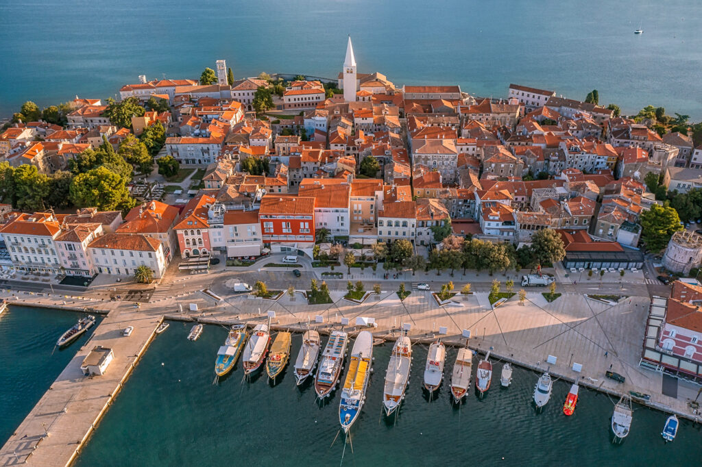 Aerial view of Poreč old town on its peninsula, Istria, Croatia