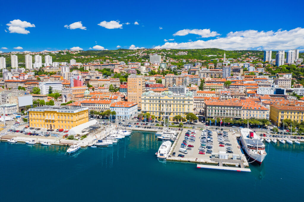 Aerial panorama of Rijeka city centre and port, Kvarner, Croatia