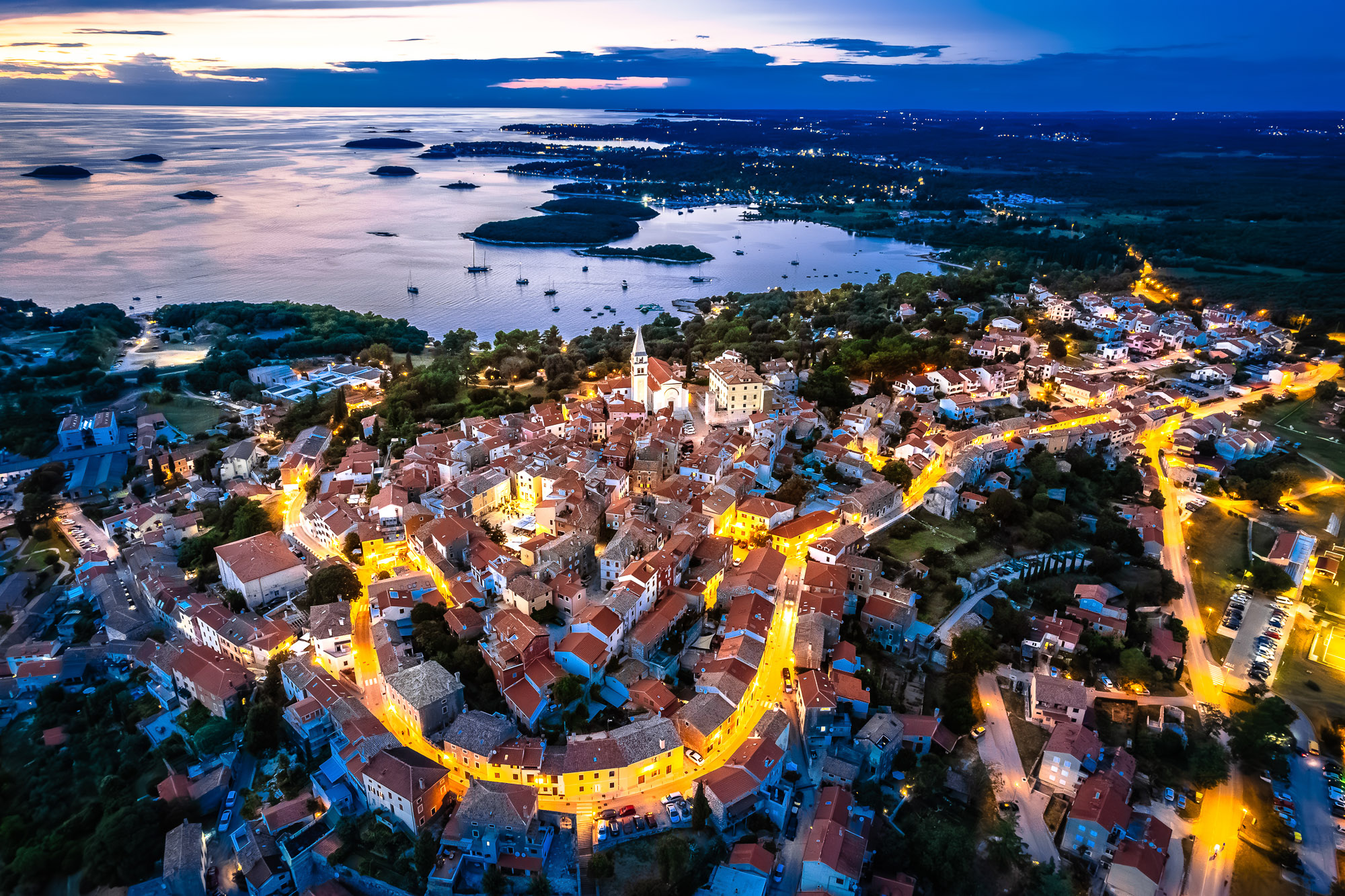 Aerial view of Vrsar hilltop town and the small islands off the Istrian coast, Croatia