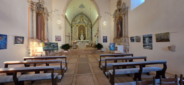 A church interior with an ornate altar, wooden pews and paintings displayed along the walls