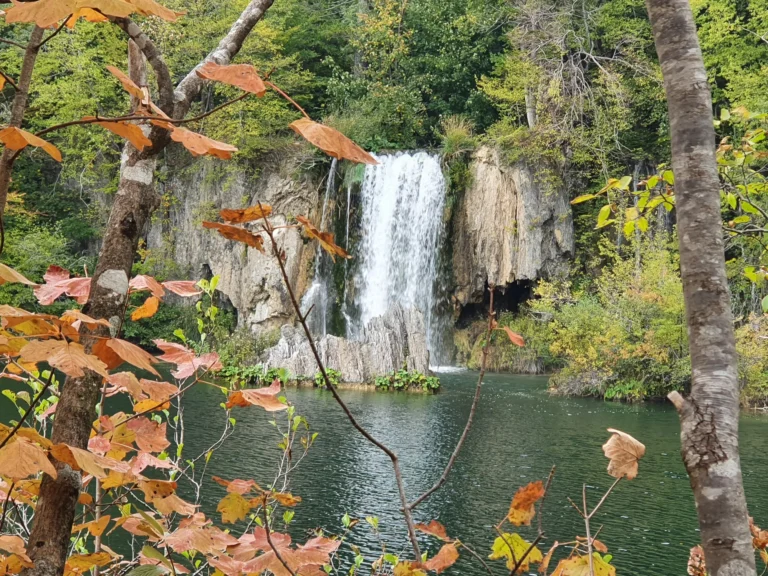 A waterfall spills over a pale limestone cliff into a forest pool, framed by orange autumn leaves.
