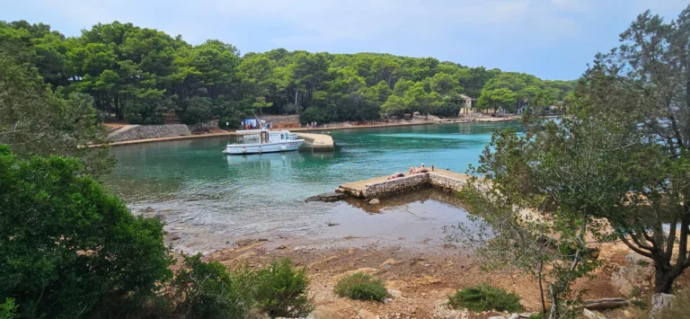 A sheltered Croatian cove with clear water, a small boat, stone landing and pine-covered shore.