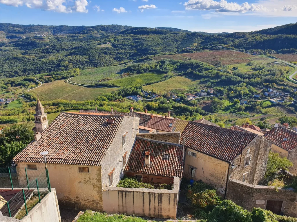 Stone rooftops overlook vineyards and wooded hills beneath a bright blue sky in inland Croatia.