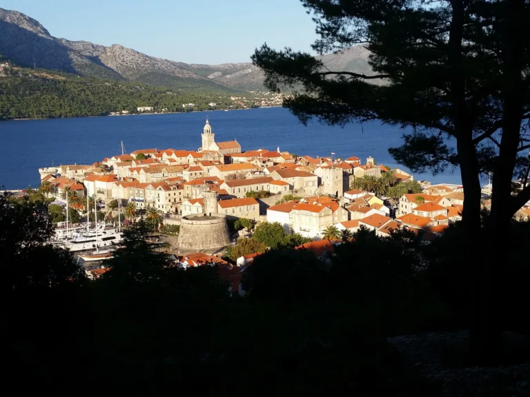 Korčula Old Town and its harbour seen across the water, framed by pine branches.