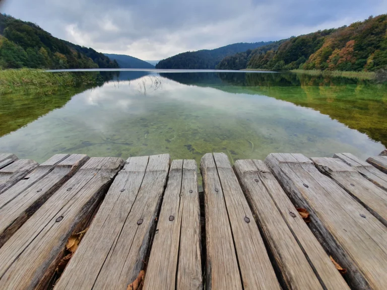 Weathered wooden planks frame a still lake bordered by forested hills and reeds.