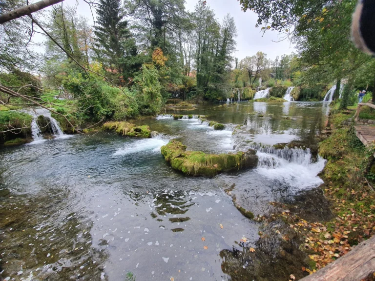 Small waterfalls tumble over moss-covered rocks in a wooded river.